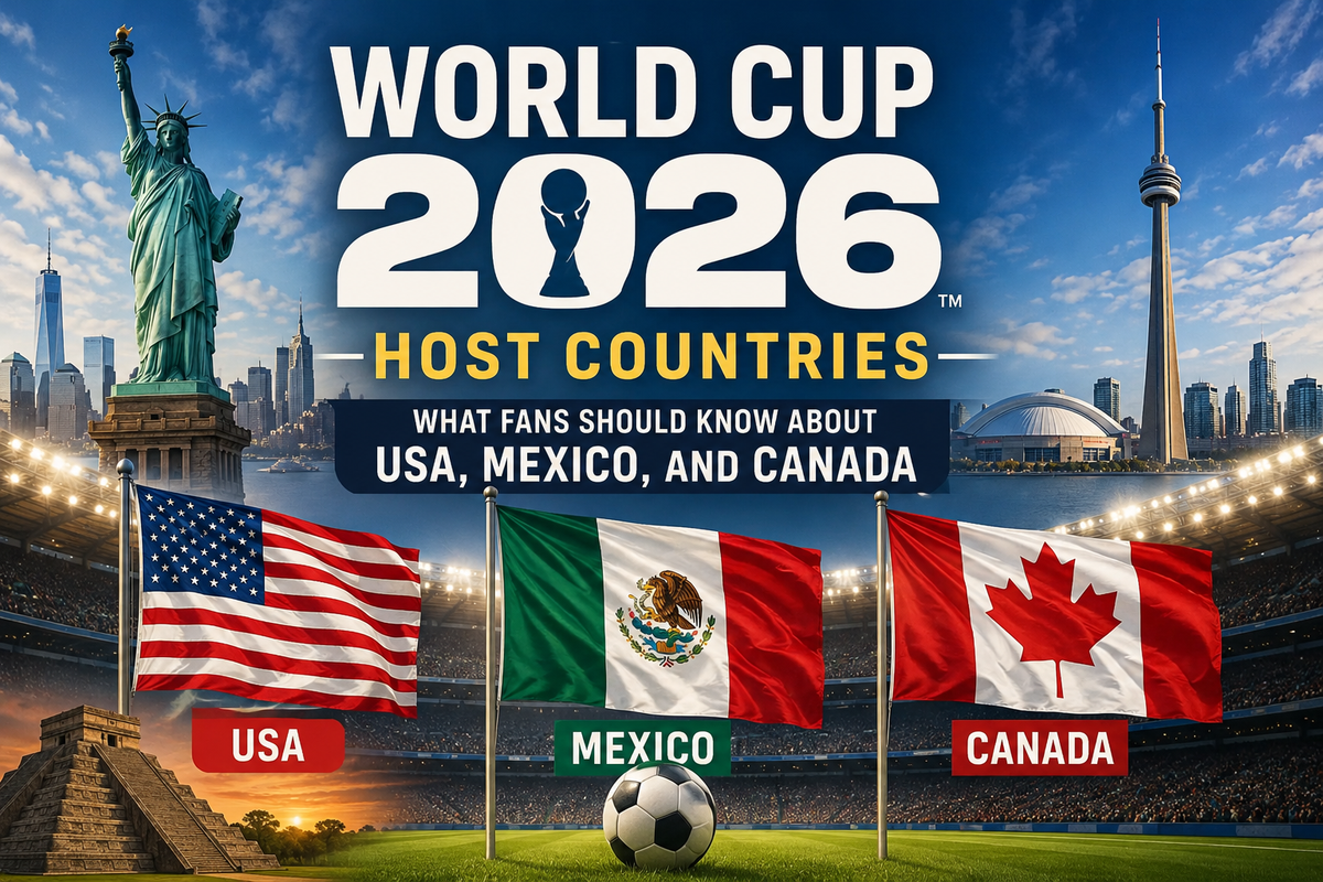 World Cup 2026 host countries guide featuring USA, Mexico, and Canada flags with a soccer stadium background.