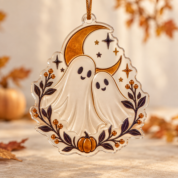 Personalized embossed acrylic couple ghosts and crescent moon Halloween ornament