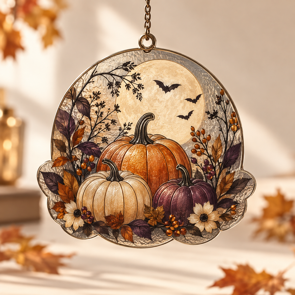 Personalized frosted textured glass ornament with moonlit pumpkin family artwork