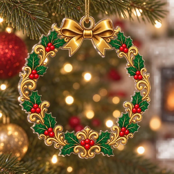 Clear acrylic Christmas ornament laser cut to a gold and holly wreath, hanging on a lit tree with the lights showing through its open centre
