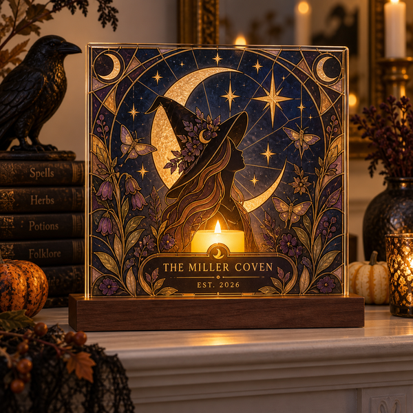 Celestial witch personalized Halloween starburst acrylic candle holder in navy and antique gold
