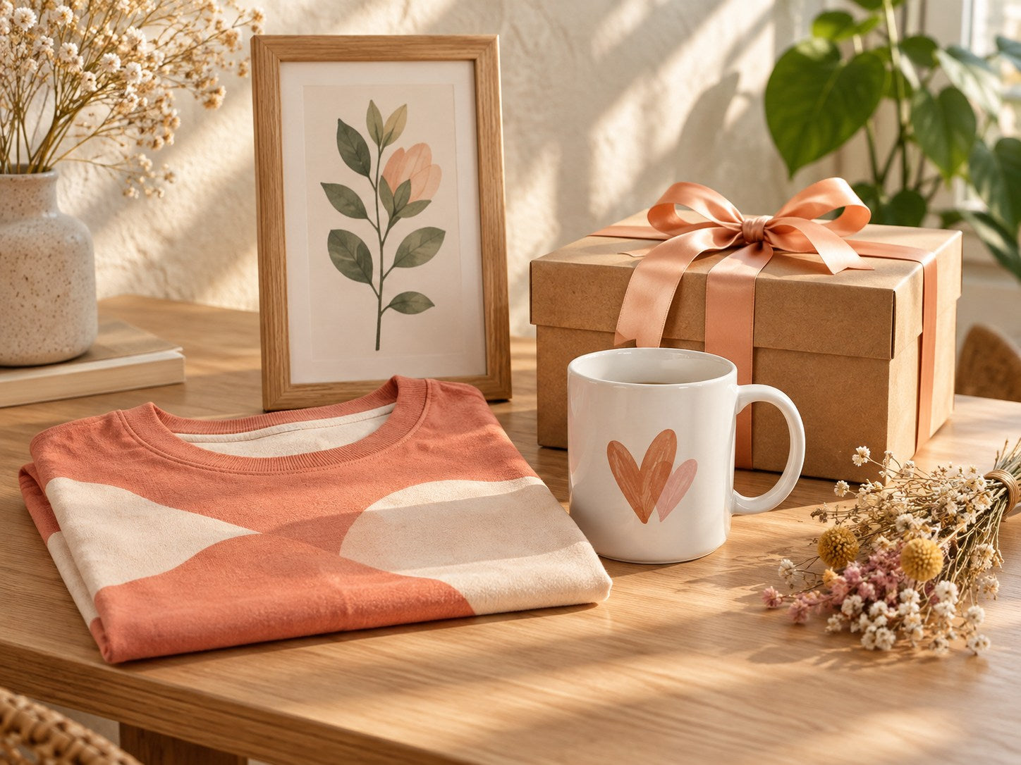 Personalized gifts arranged in a warm, sunlit home studio
