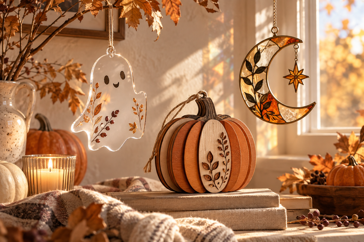 Personalized ghost ornament, layered wooden pumpkin and crescent moon suncatcher in warm autumn light