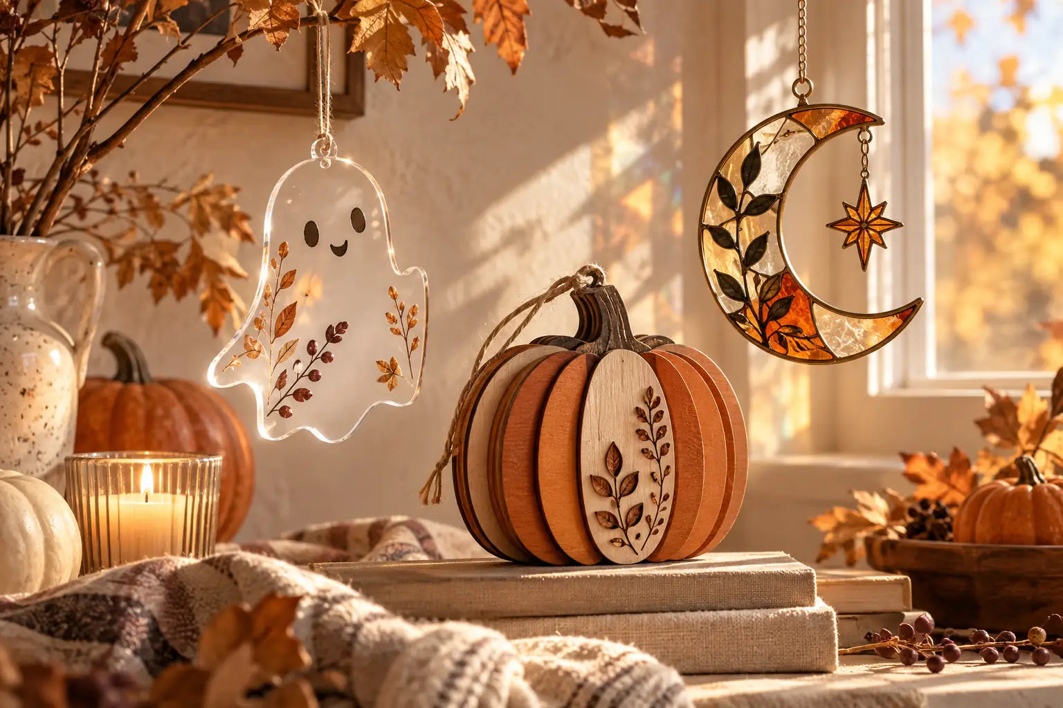 Personalized ghost ornament, layered wooden pumpkin and crescent moon suncatcher in warm autumn light