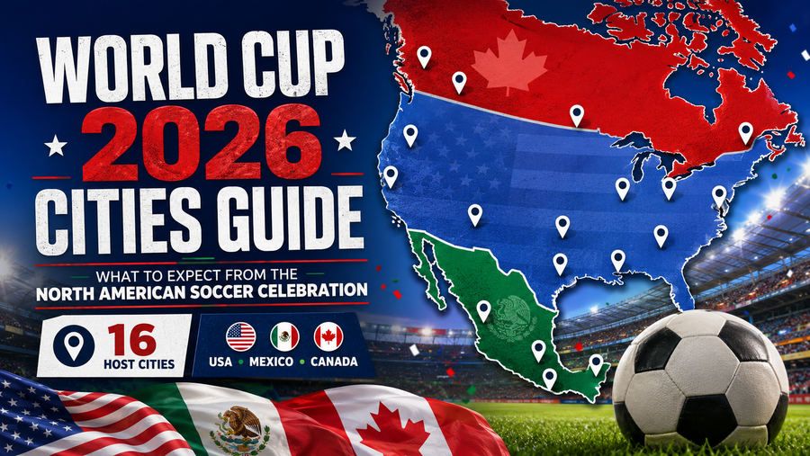World Cup 2026 cities guide showing a soccer stadium with USA, Mexico, and Canada host city theme.