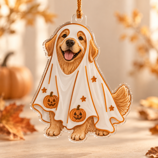 Personalized embossed acrylic golden retriever ghost costume Halloween ornament