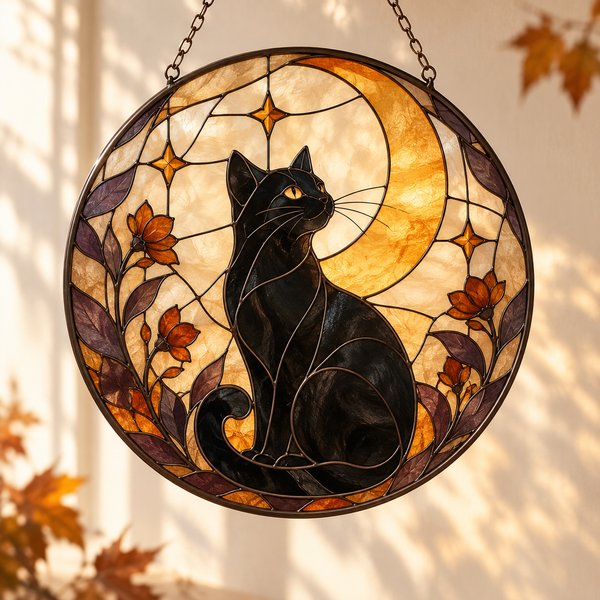 Round personalized black cat and crescent moon Halloween window suncatcher