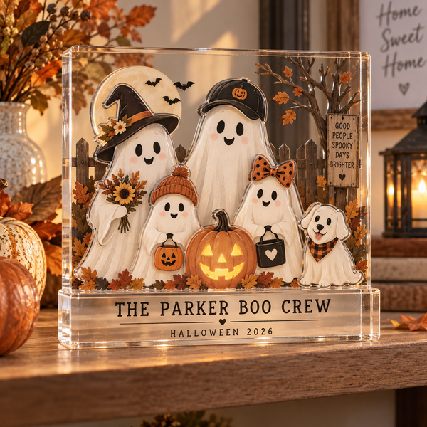 Personalized friendly ghost family Halloween acrylic block with four ghosts and a pet dog